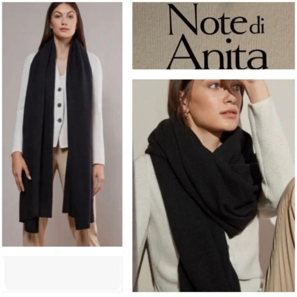 Note di Anita Made In Italy Merino Wool Cashmere Bld Charcoal Ribbed Scarf Wrap